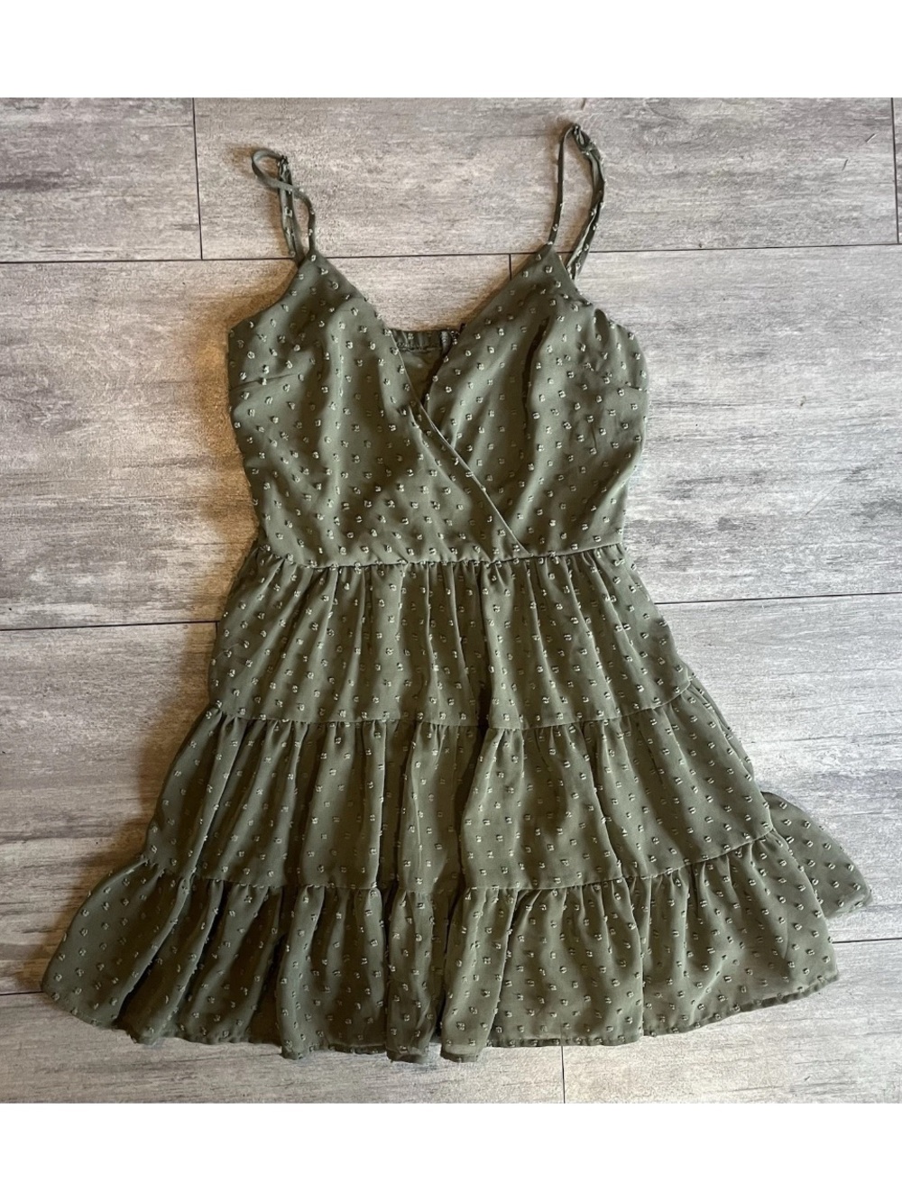 Altard State Olive Green Swiss Dot Ruffle Babydoll Mini Dress Size S Spaghetti